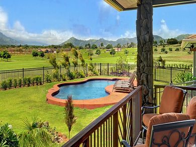 Furnished balcony with pool & mountain view