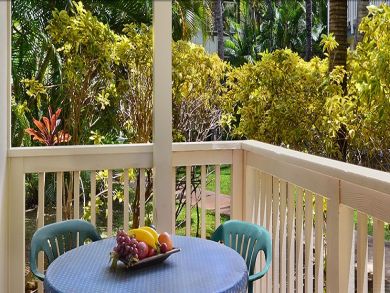 Garden view balcony with table set