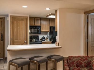 Full kitchen, dining area, fireplace & balcony