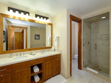 Master bathroom with dual vanity & walk-in shower