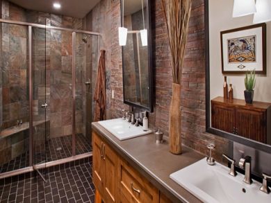 Bathroom with walk-in shower & dual vanity