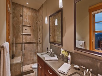 Bathroom with walk-in shower & dual vanity
