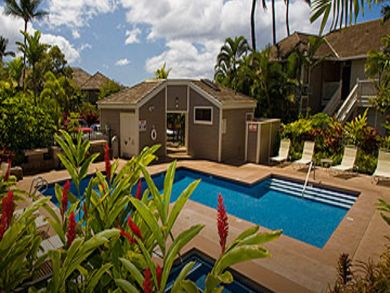 Community pool with lounging area