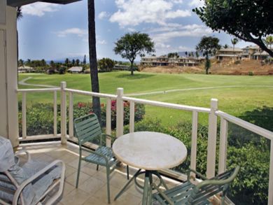 Golf course view porch with table set