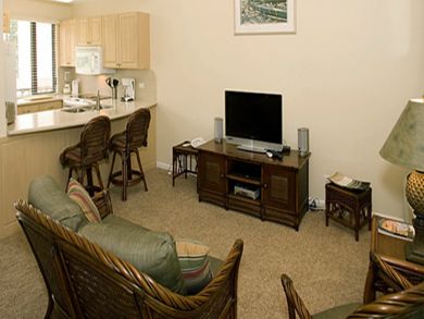 Living area & breakfast bar seats two