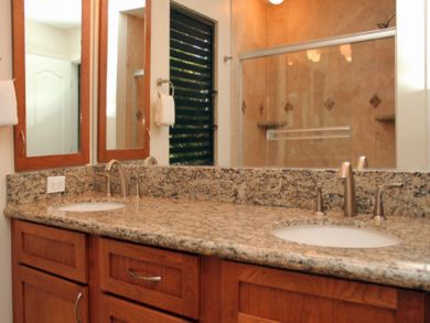 Bathroom with shower & dual vanity