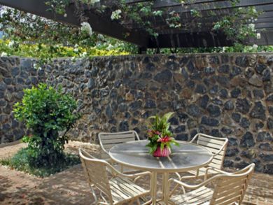 Back patio with table set