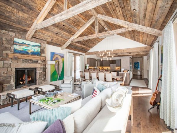 Living room with wood burning fireplace