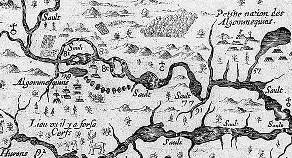 A map drawn by Samual de Champlain in 1632, representing the Ottawa region, showing the route he took in a 1616 trip.