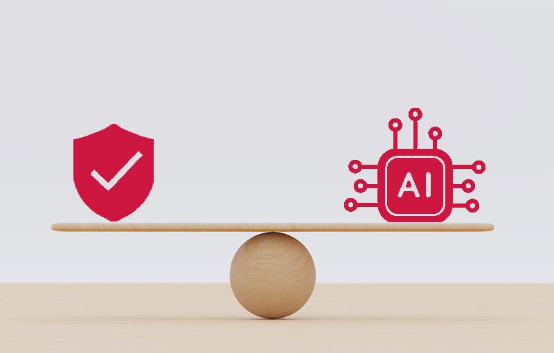 Safety and AI icons on either end of a wooden board that is balancing on a wooden ball