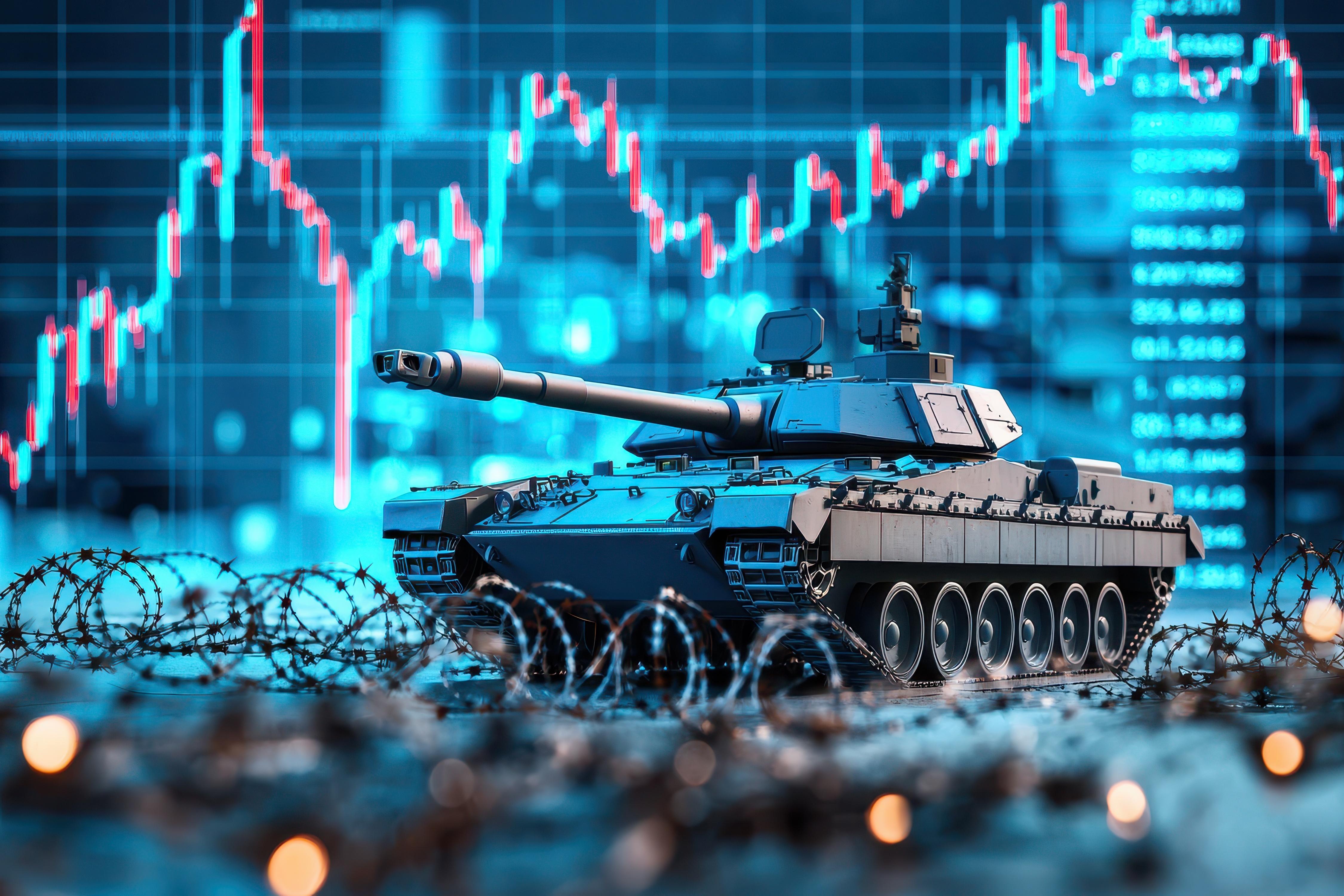 Army tank rolling over barbed wire with bar graph in background