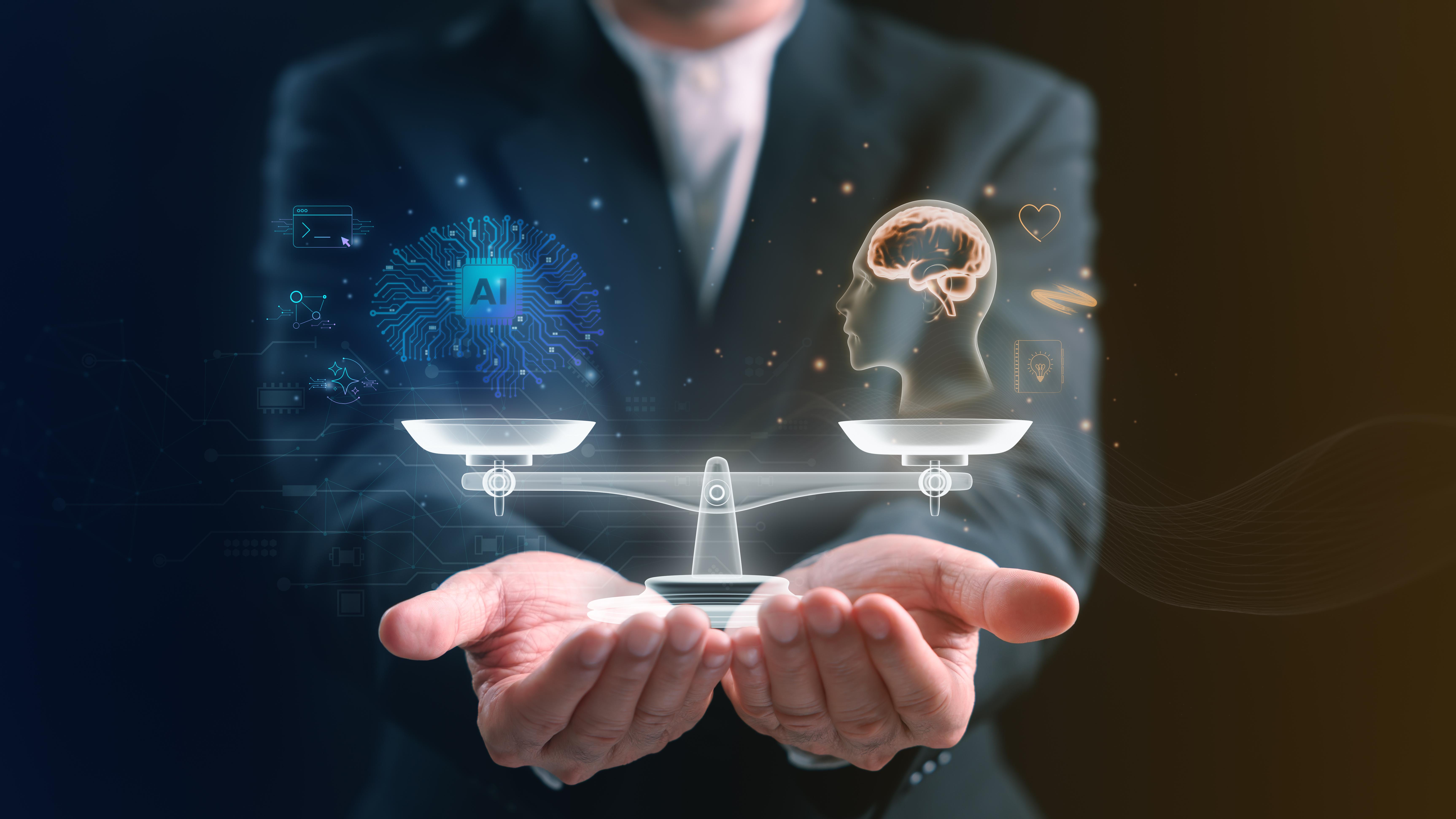 Businessman holding a balanced scale between artificial intelligence and human mind