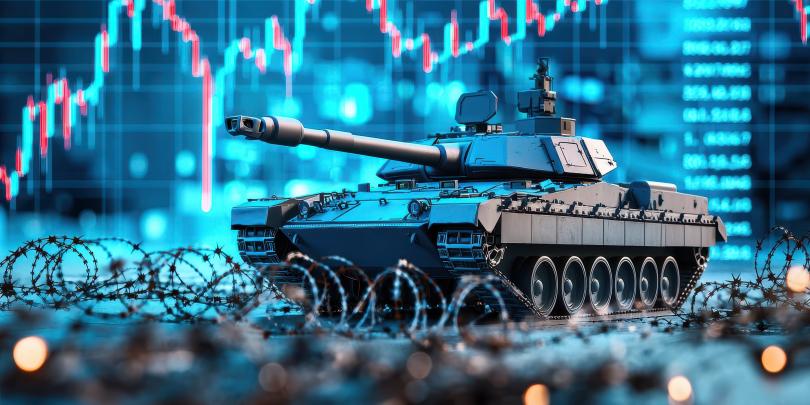 Army tank rolling over barbed wire with bar graph in background