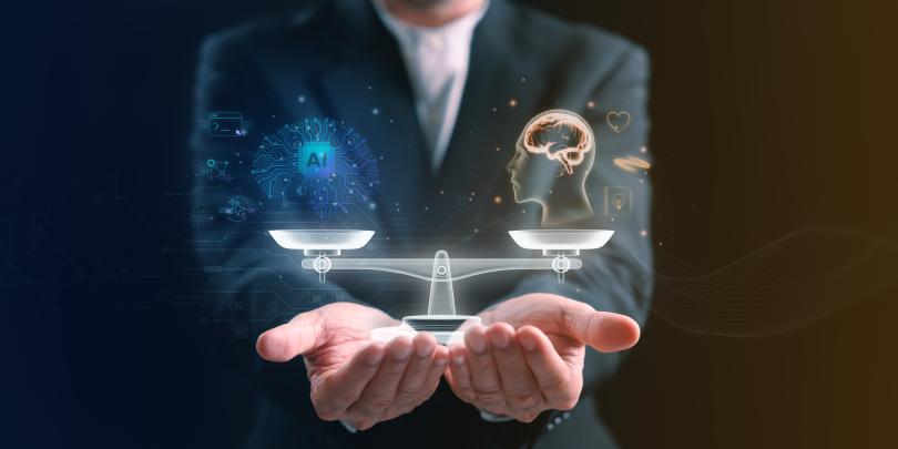 Businessman holding a balanced scale between artificial intelligence and human mind