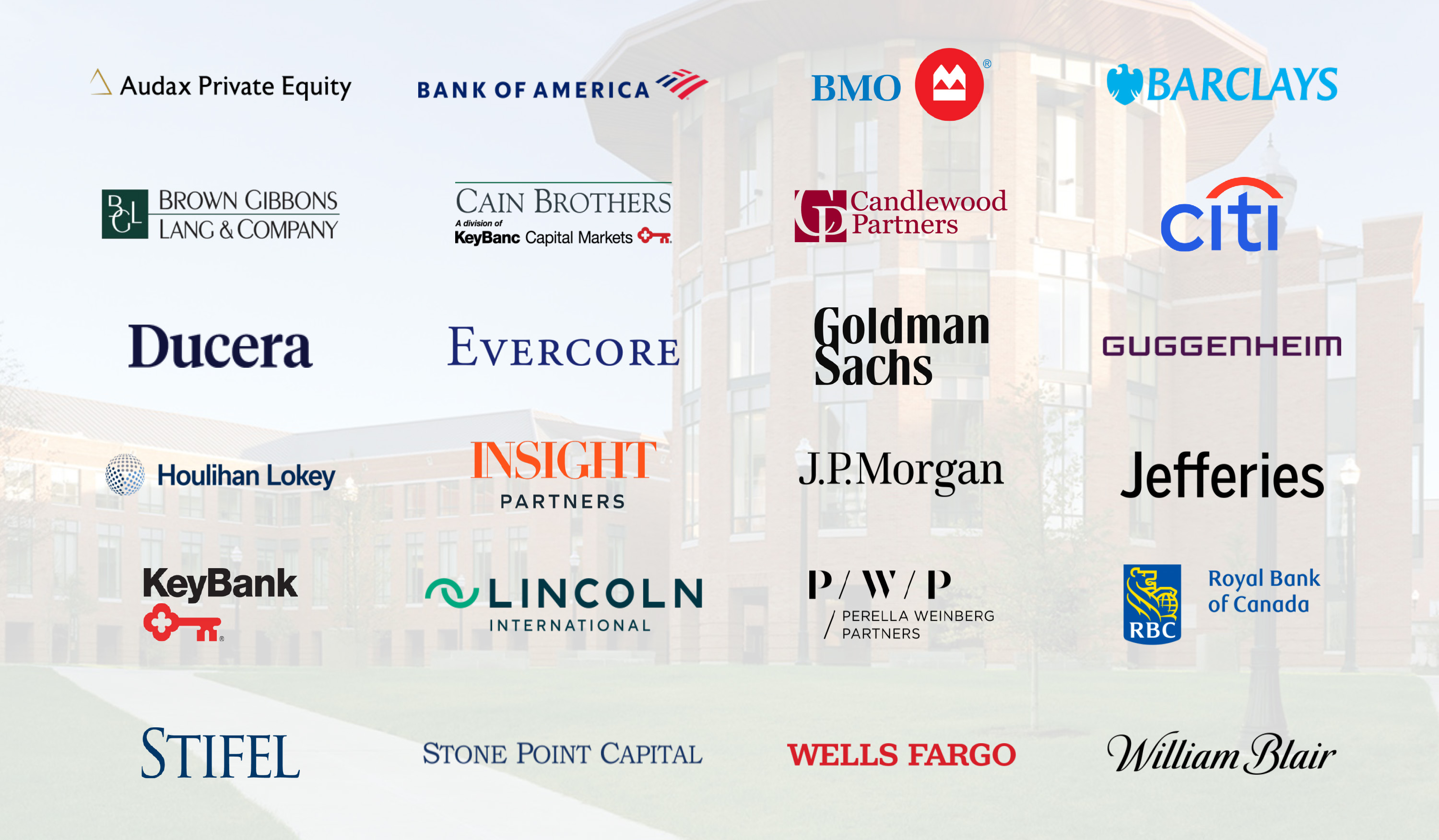 Investment bank logos with Fisher building in the background