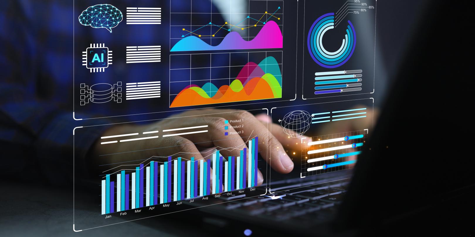 Hands typing on a keyboard with analytics graphics floating above