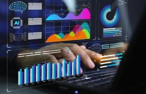 Hands typing on a keyboard with AI metrics graphics floating above