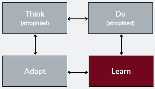 Graphic outlining the cognitive rust belt: think (atrophied), do (atrophied), learn and adapt