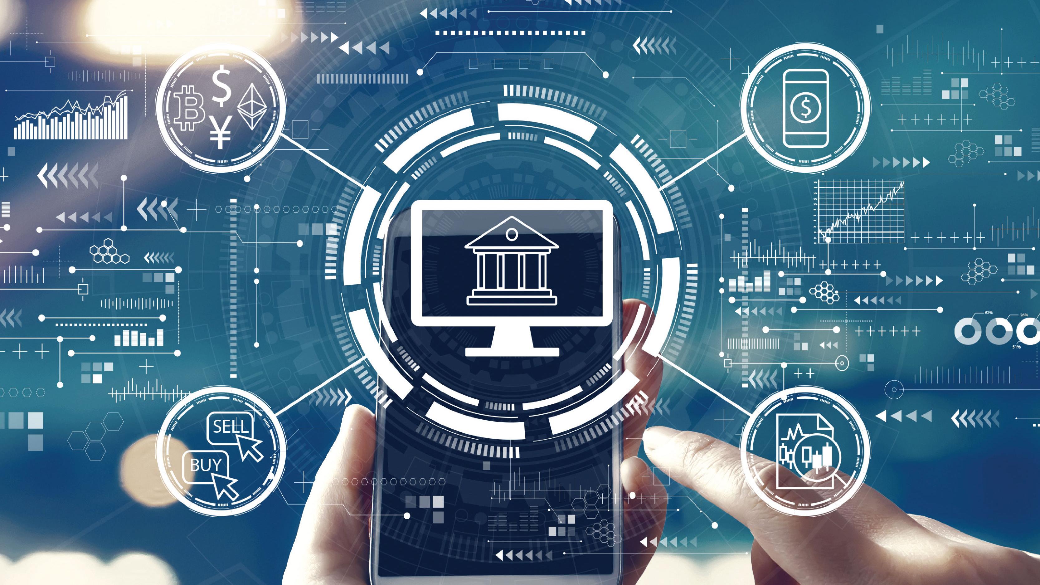 Someone holding a smartphone with financial icons and graphics floating above