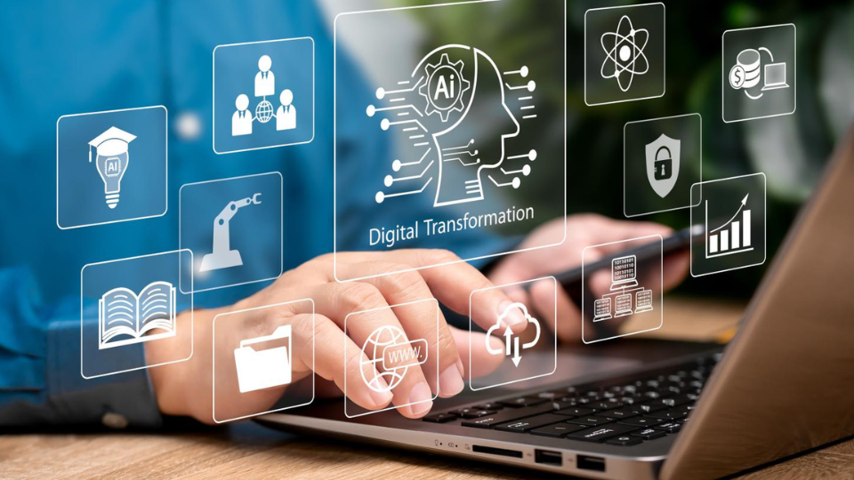 Hands typing on a keyboard with graphics about AI leadership floating above