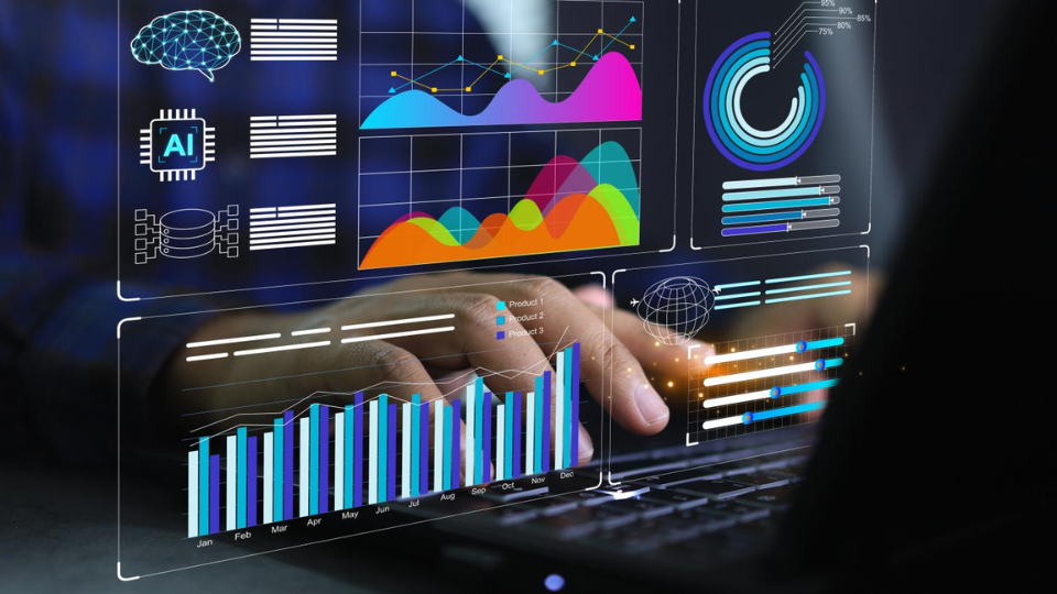 Hands typing on a keyboard with AI and marketing metrics graphics floating above