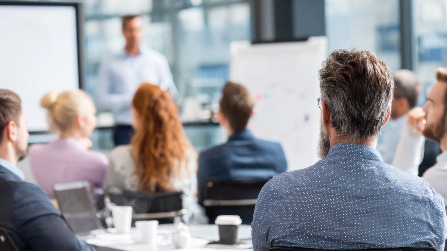 Group of people listening to a speaker