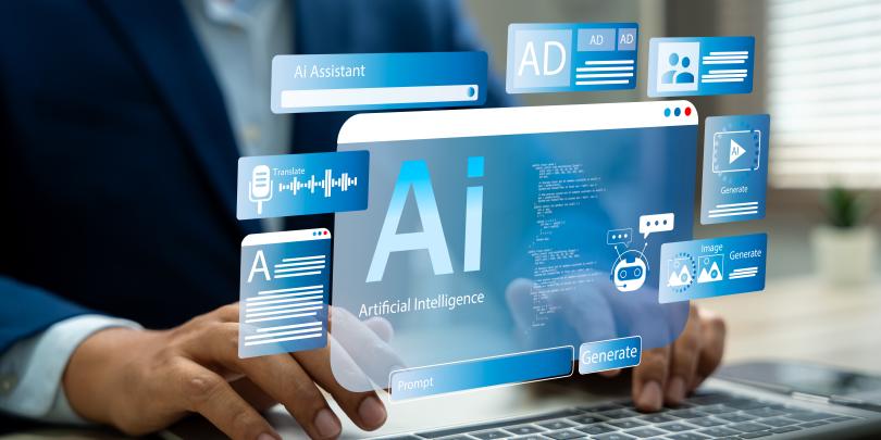 Businessman typing with AI graphics floating above the keyboard