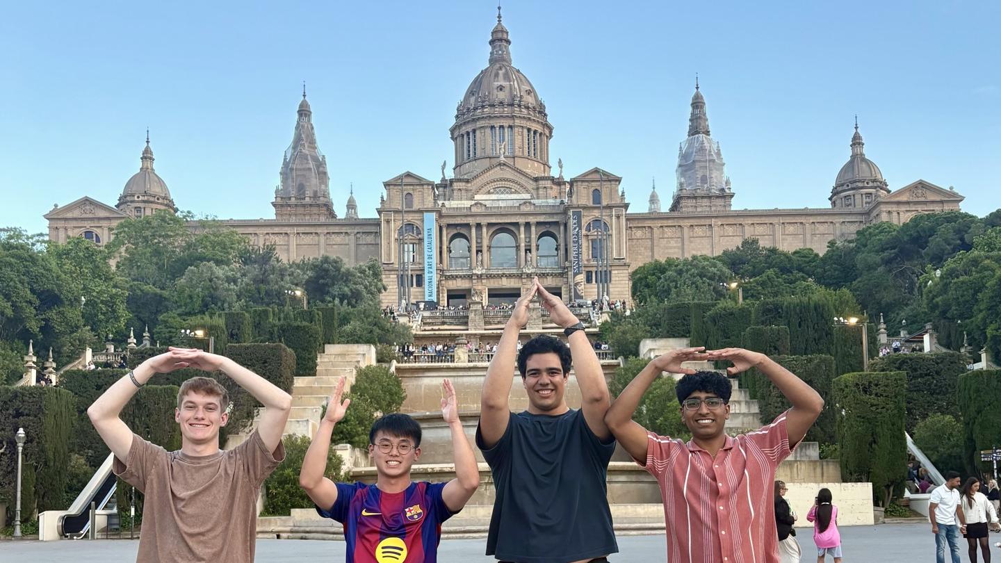 Students doing O-H-I-O in Barcelona