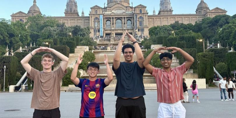 Students making O-H-I-O in Spain