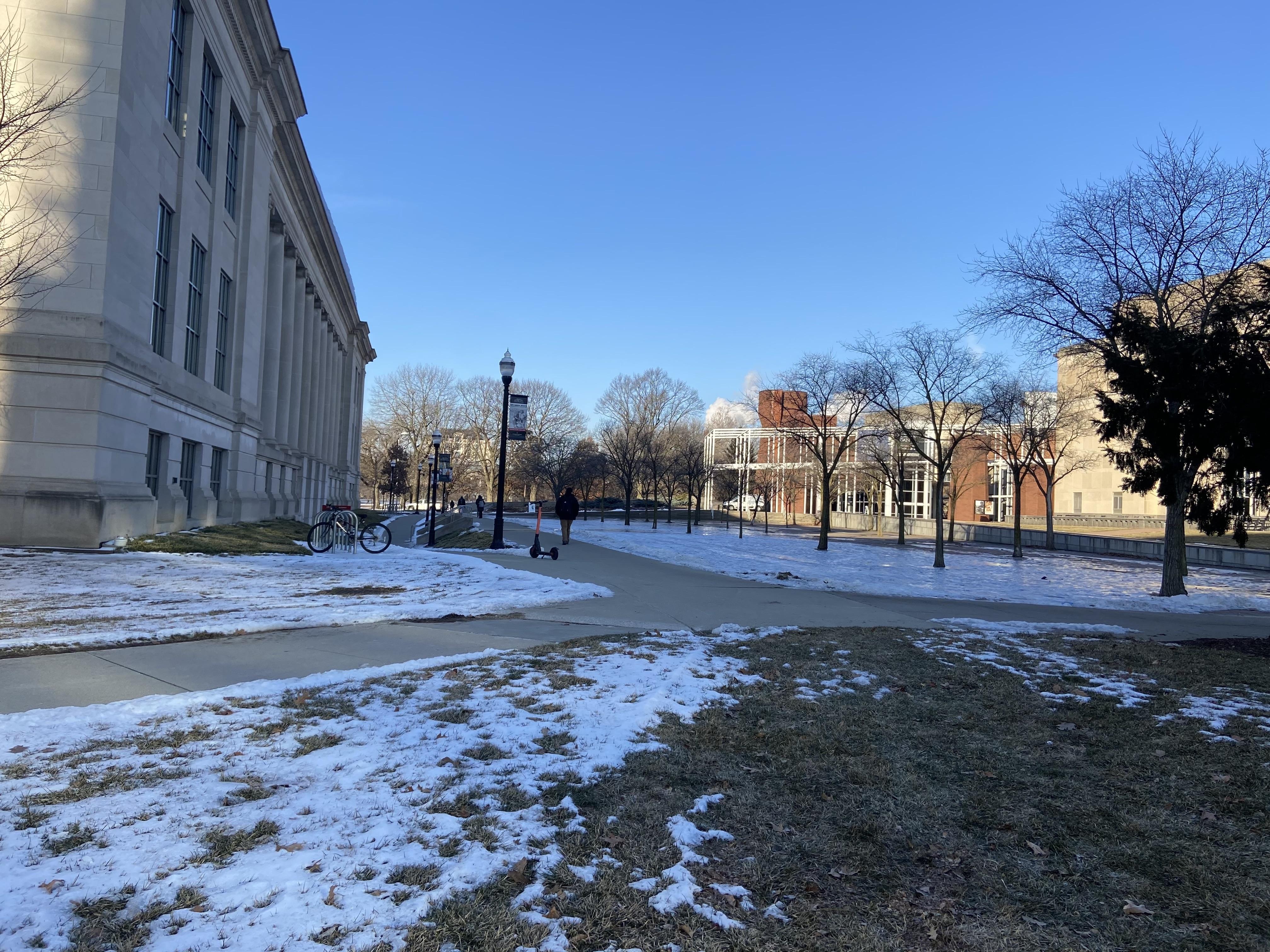Photo of Ohio State's campus with snow covering the grass