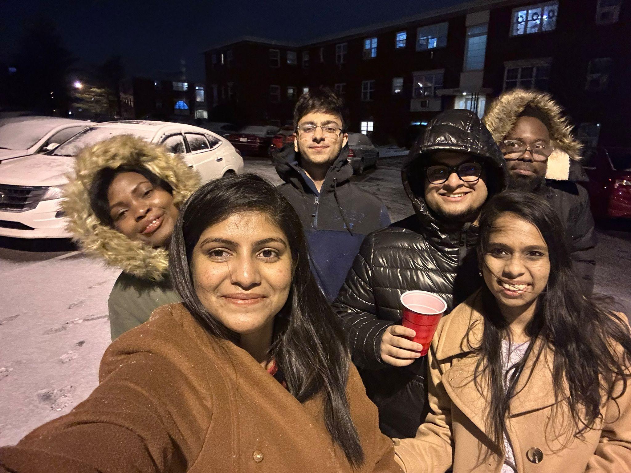 Class, get-together, Snowfall, night, friends