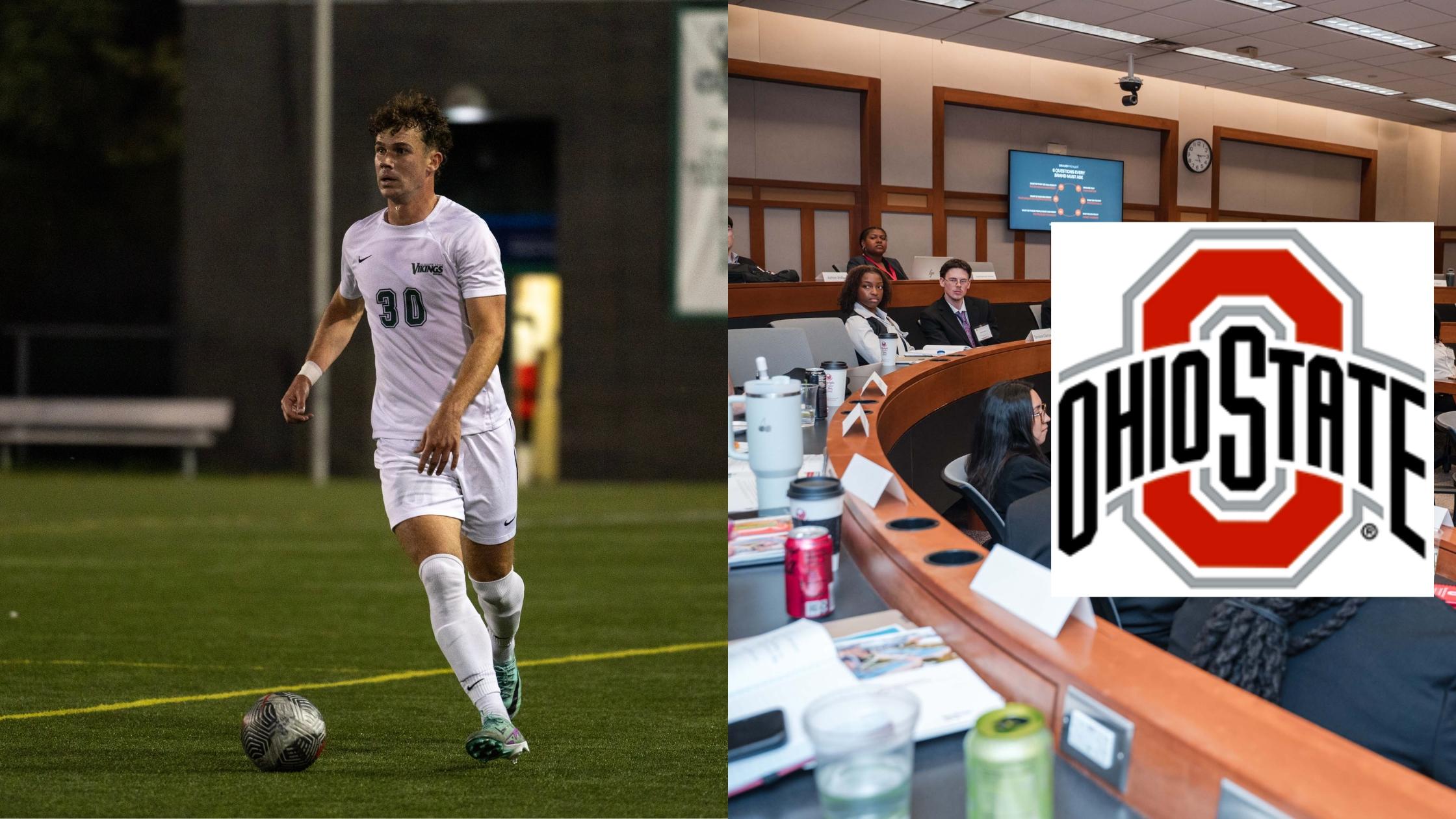 Quinn Groves playing soccer and a classroom at Fisher College of Business