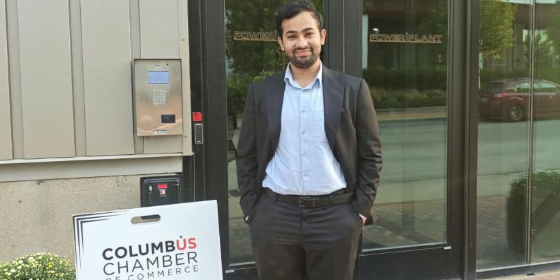Image of me infront of Columbus Chamber of Commerce Networking Event