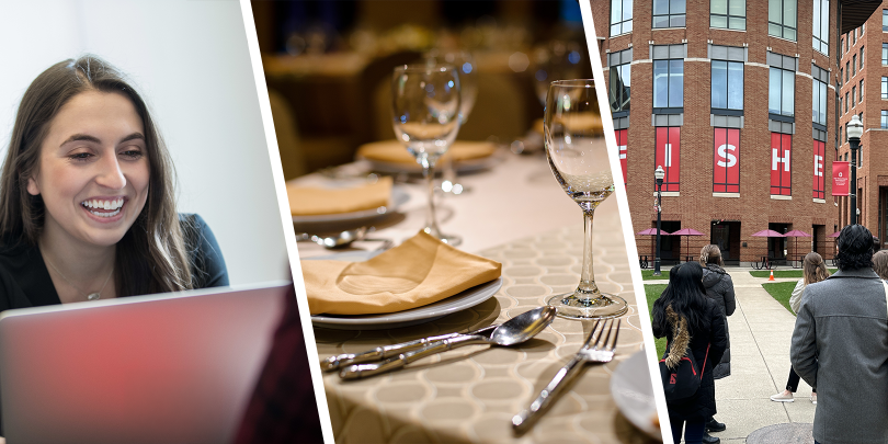 Split image of a student engaged on a laptop, a dinner plate, and a group of students touring Fisher campus