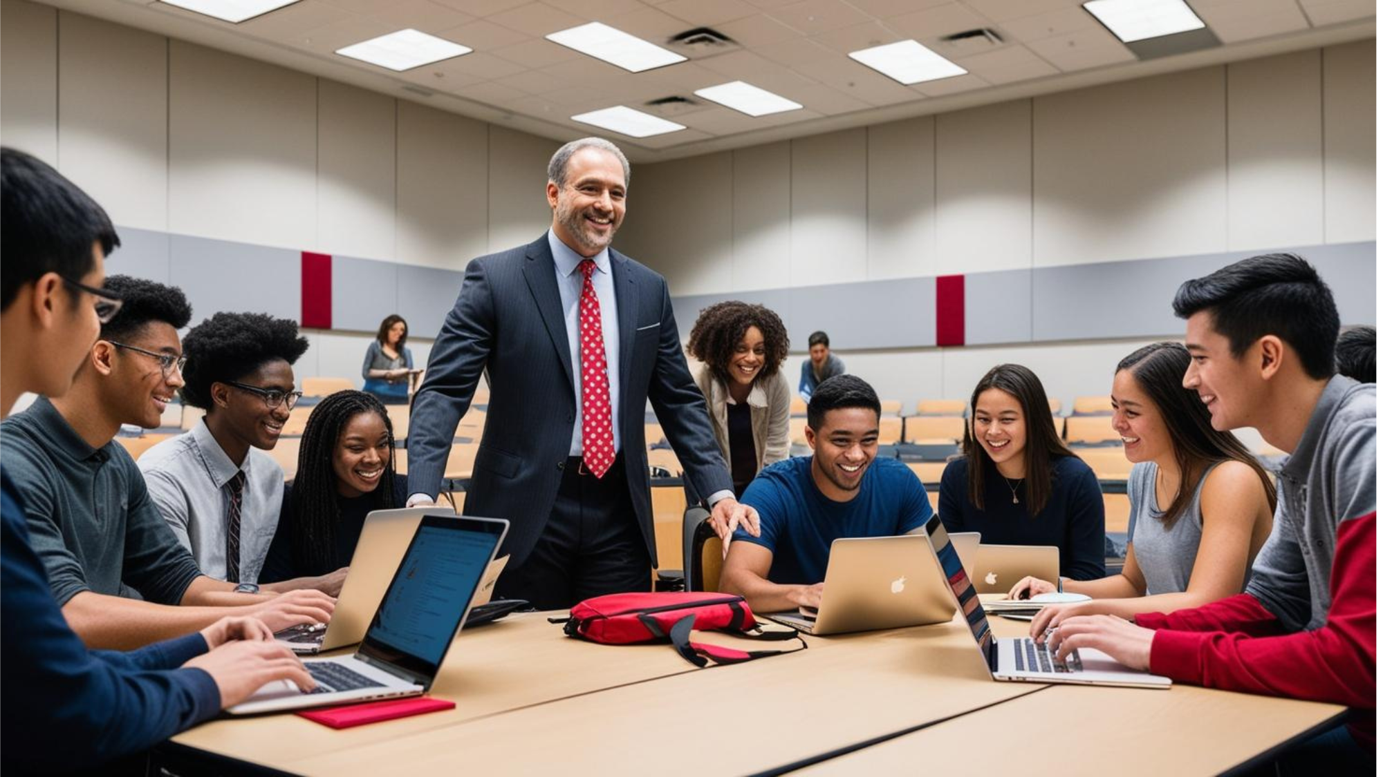A professor overseeing his students working on laptops