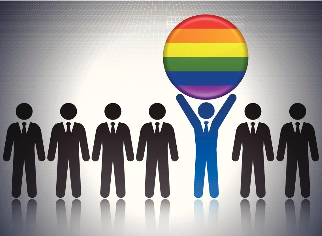 Illustration of man holding up LGBTQ symbol in a line of others
