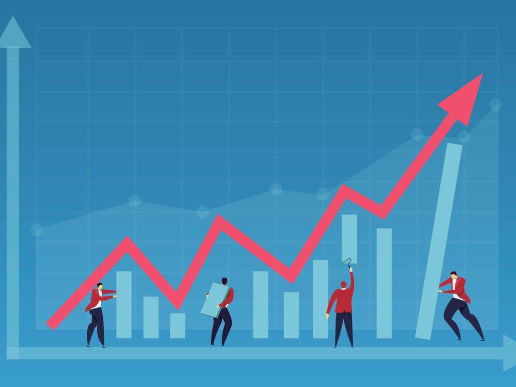 Illustration of a rising stock with human figures underneath