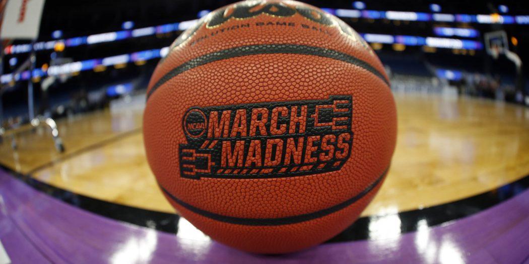 March Madness logo on a basketball
