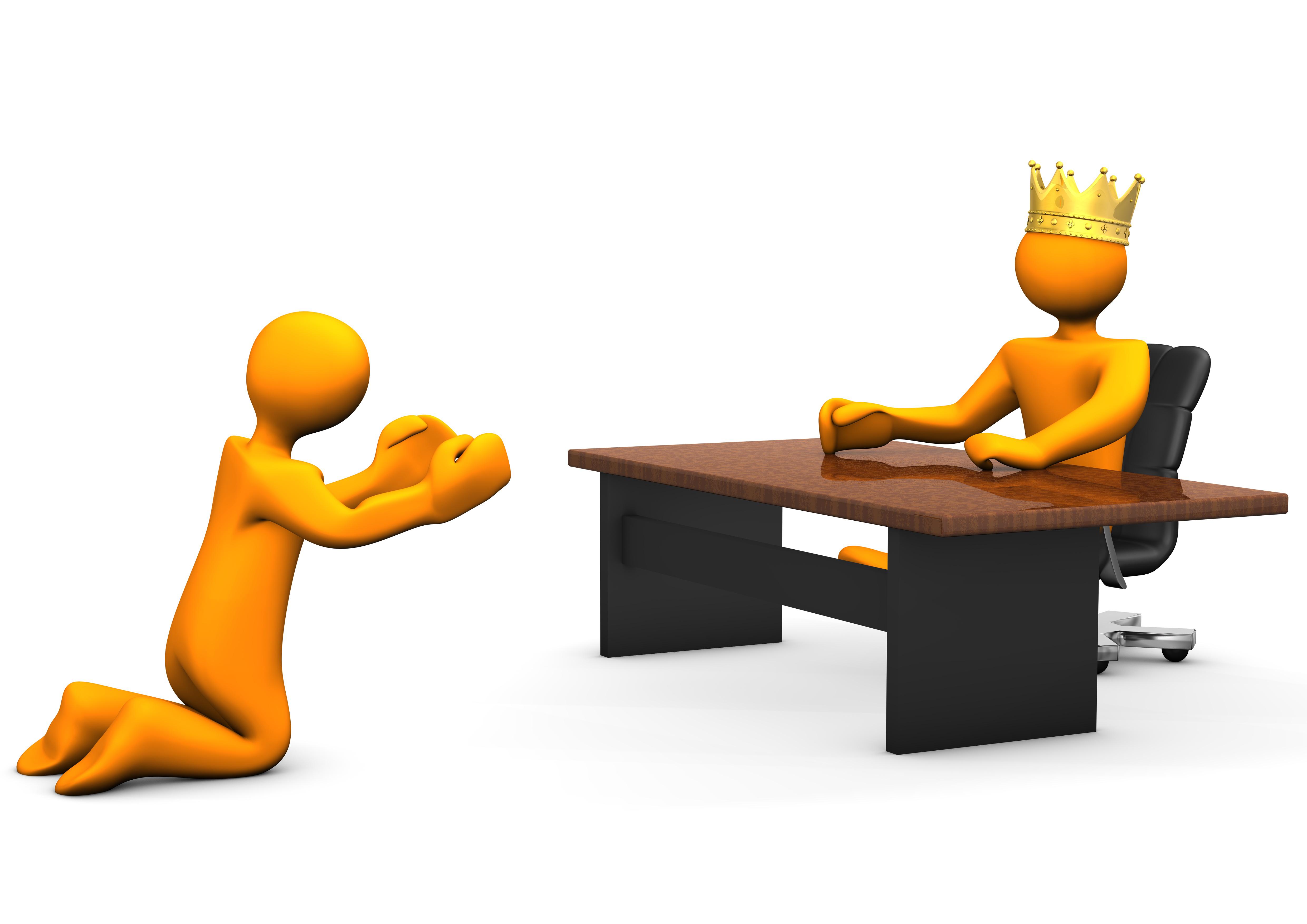 Illustration of someone kneeling in front of a boss with a king's crown on their head