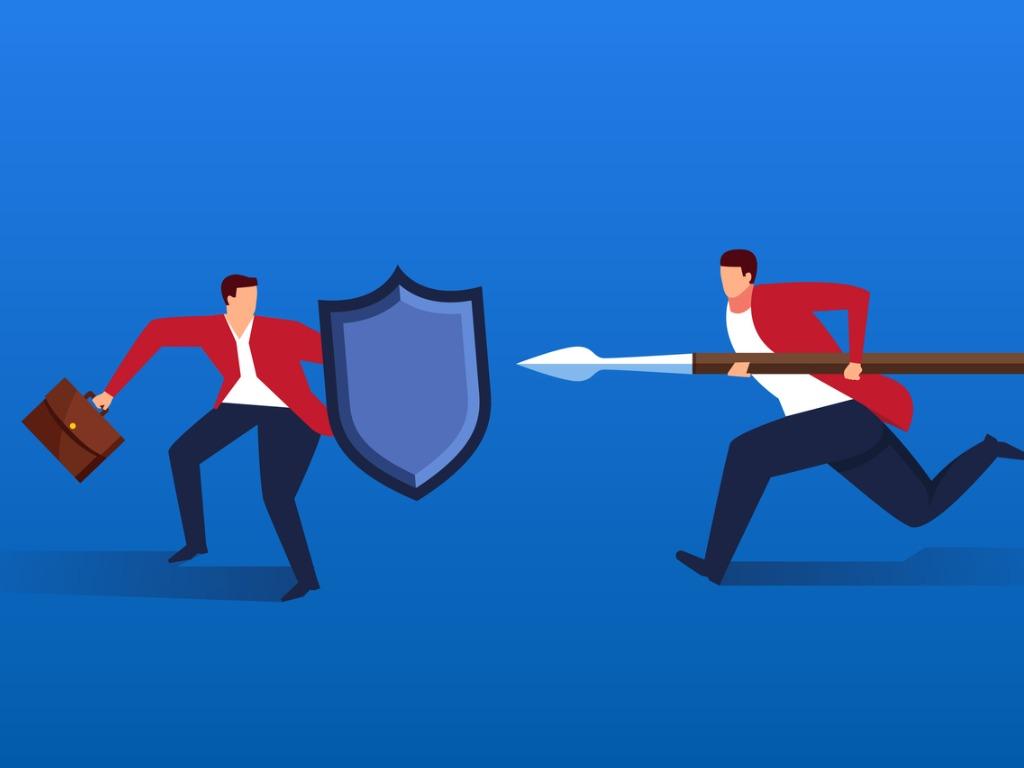 Illustration of one person attacking another with a spear while the other has a shield 