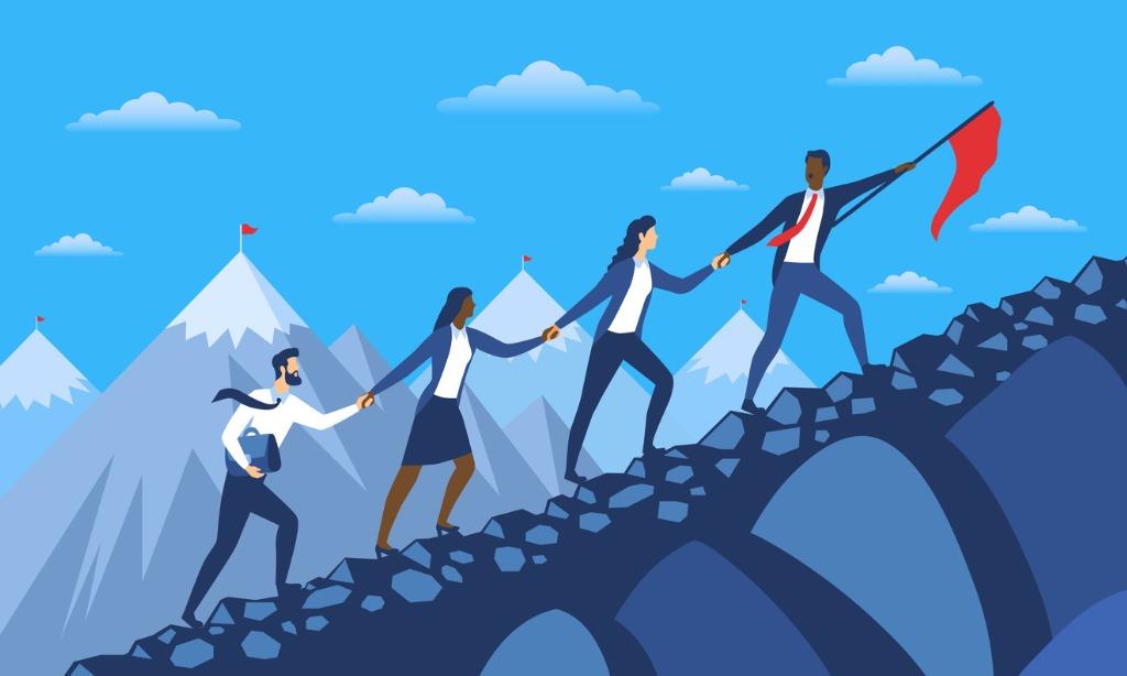 Illustration of a leader guiding people together up a mountain