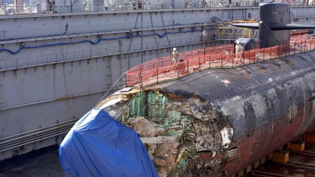 The USS San Francisco in drydock after the collision.