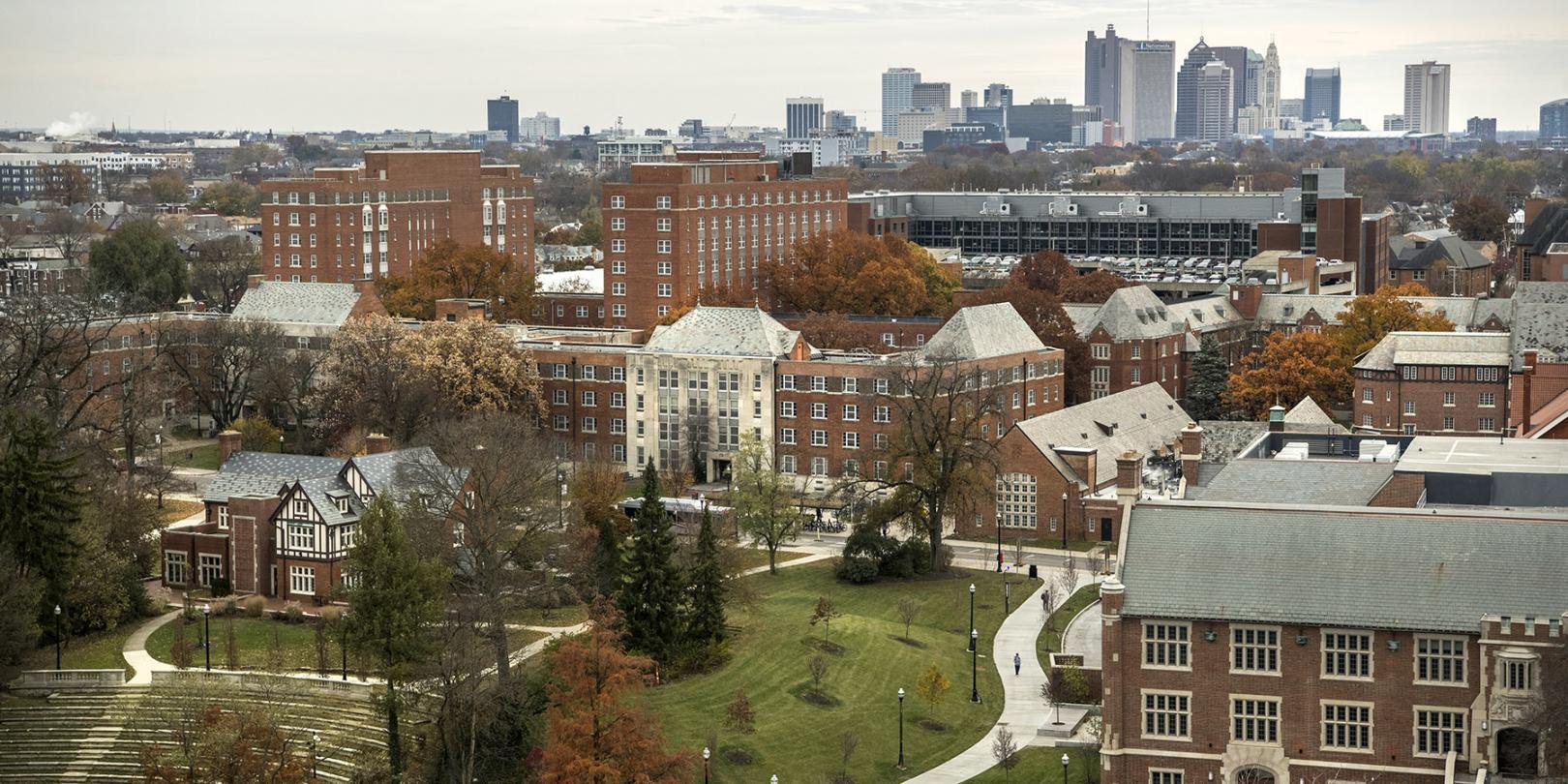ohio state campus with view of downtown columbus