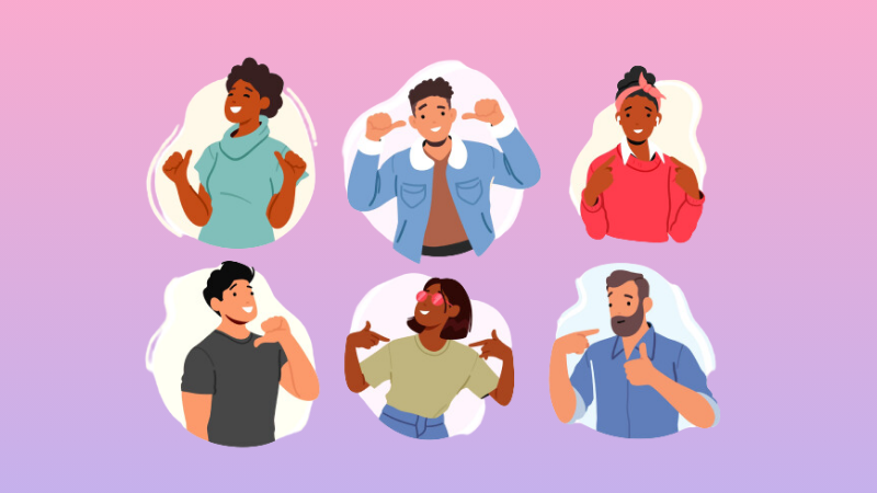 Set of Enthusiastic Male and Female Characters Pointing Towards Themselves With Sense Of Charisma