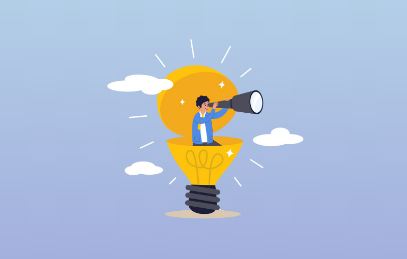 man inside a lightbulb looking through a telescope 