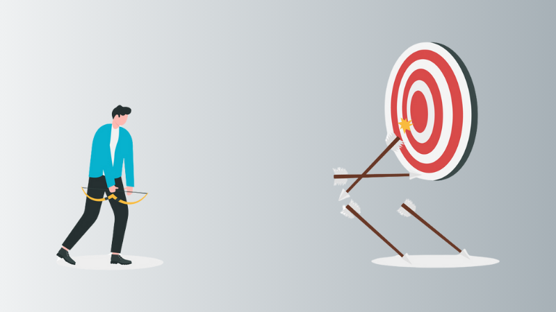 man firing arrows missing target and disappointed 