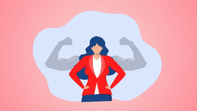 smiling woman whose shadow is flexing muscles to show energy and confidence