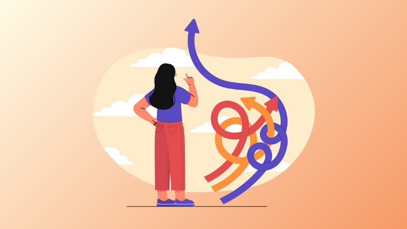 woman looking at 3 arrows intertwined to represent change