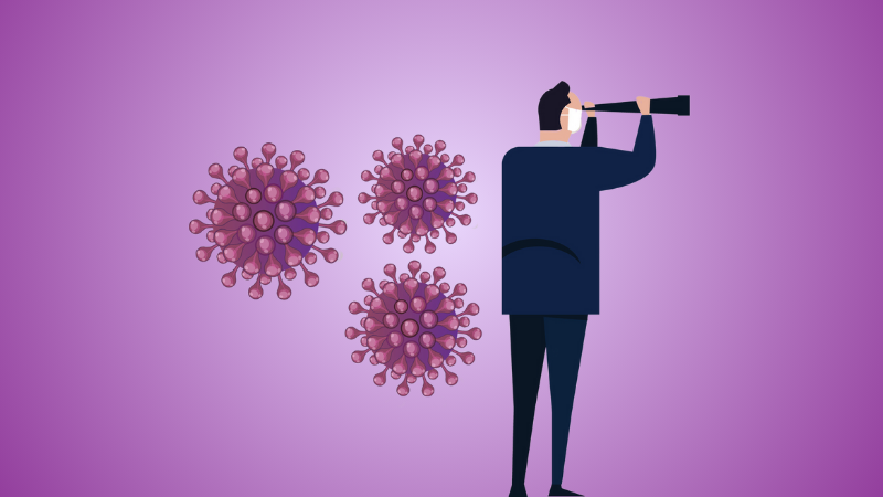 man looking ahead through telescope with bacteria behind him