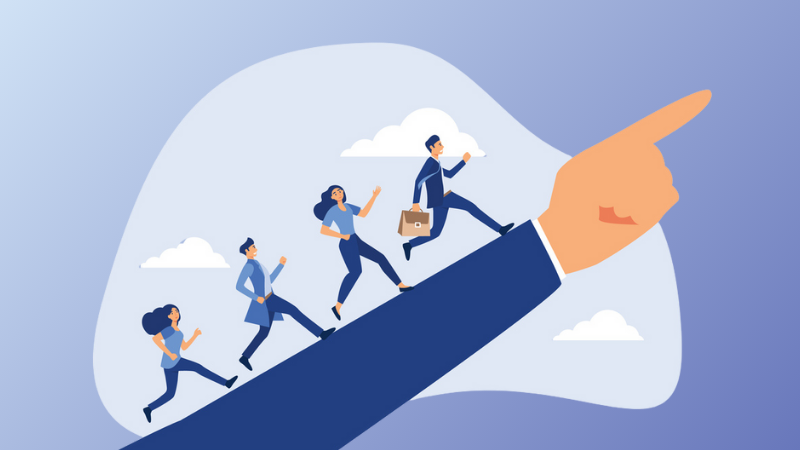 boss hand pointing team toward success